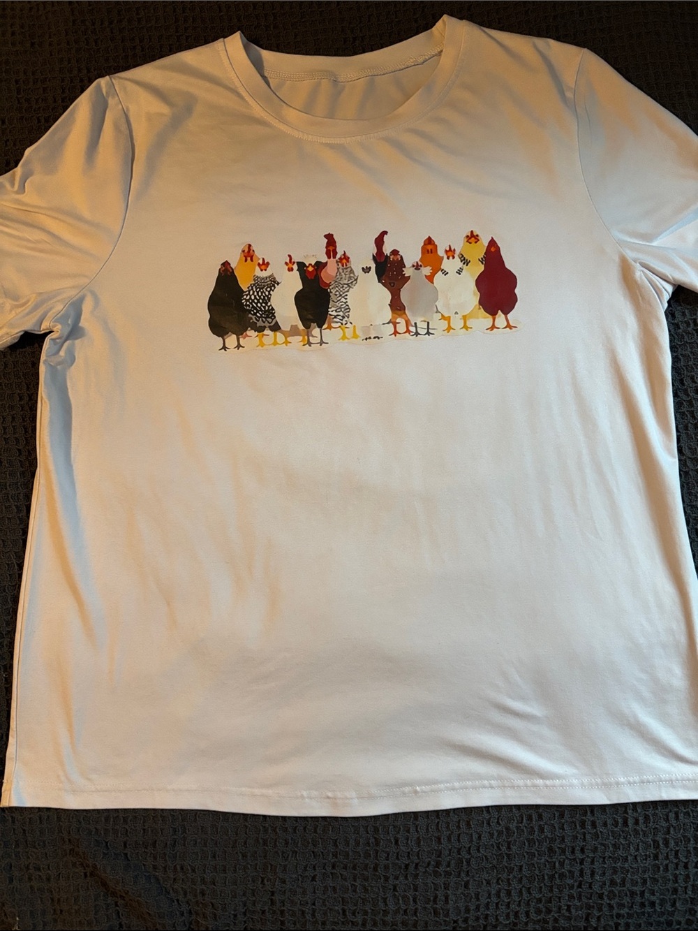 Women’s White Tee with Colorful Chicken Graphic